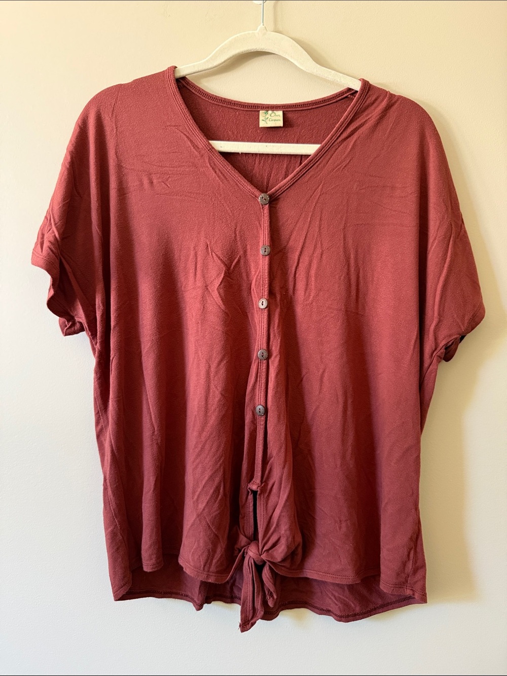 Button-Front Tie Hem Blouse in Rust with Dolman sleeve